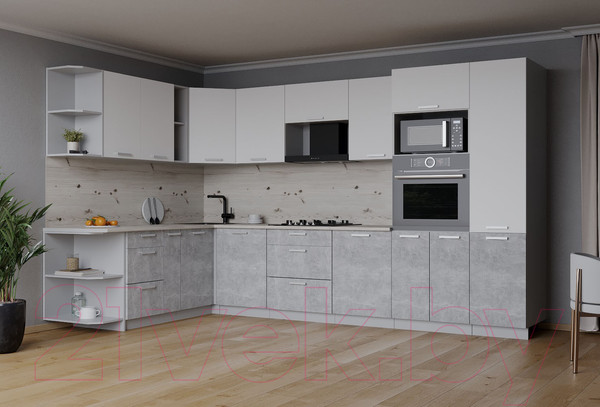 Изображение товара Кухонный гарнитур Интерлиния Мила Лайт 1.88x3.2 левая (белый платинум/бетон/бискайская сосна)