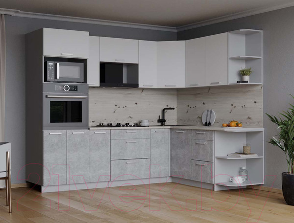 Изображение товара Кухонный гарнитур Интерлиния Мила Лайт 1.68x2.4 правая (белый платинум/бетон/бискайская сосна)