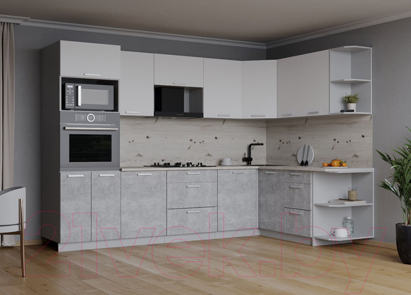 Изображение товара Кухонный гарнитур Интерлиния Мила Лайт 1.68x2.8 правая (белый платинум/бетон/бискайская сосна)