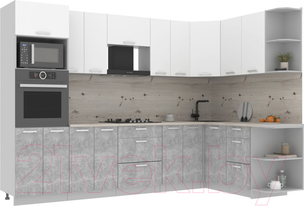 Изображение товара Кухонный гарнитур Интерлиния Мила Лайт 1.68x3.0 правая (белый платинум/бетон/бискайская сосна)