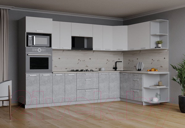 Изображение товара Кухонный гарнитур Интерлиния Мила Лайт 1.68x3.0 правая (белый платинум/бетон/бискайская сосна)