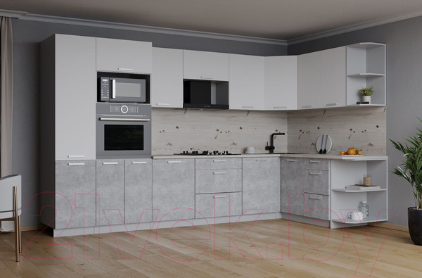 Изображение товара Кухонный гарнитур Интерлиния Мила Лайт 1.68x3.2 правая (белый платинум/бетон/бискайская сосна)