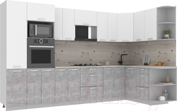 Изображение товара Кухонный гарнитур Интерлиния Мила Лайт 1.68x3.4 правая (белый платинум/бетон/бискайская сосна)
