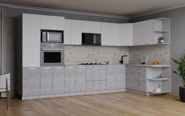 Изображение товара Кухонный гарнитур Интерлиния Мила Лайт 1.68x3.4 правая (белый платинум/бетон/бискайская сосна)