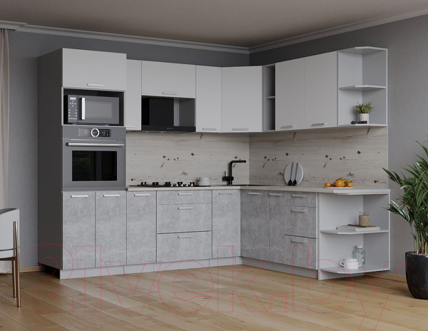 Изображение товара Кухонный гарнитур Интерлиния Мила Лайт 1.88x2.4 правая (белый платинум/бетон/бискайская сосна)