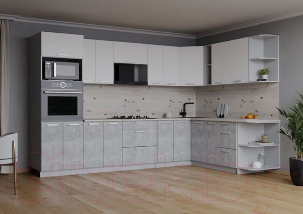 Изображение товара Кухонный гарнитур Интерлиния Мила Лайт 1.88x3.0 правая (белый платинум/бетон/бискайская сосна)