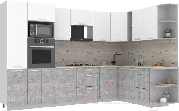 Изображение товара Кухонный гарнитур Интерлиния Мила Лайт 1.88x3.2 правая (белый платинум/бетон/бискайская сосна)