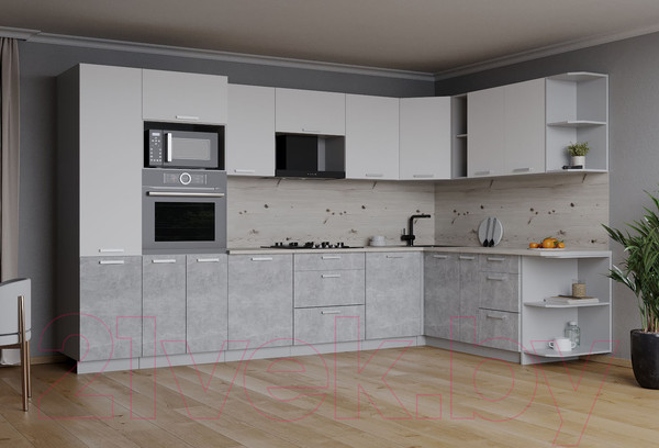 Изображение товара Кухонный гарнитур Интерлиния Мила Лайт 1.88x3.2 правая (белый платинум/бетон/бискайская сосна)