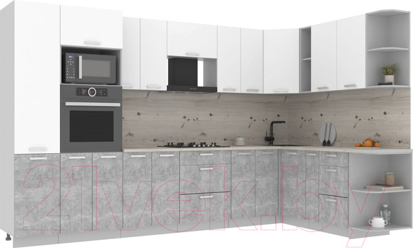 Изображение товара Кухонный гарнитур Интерлиния Мила Лайт 1.88x3.4 правая (белый платинум/бетон/бискайская сосна)