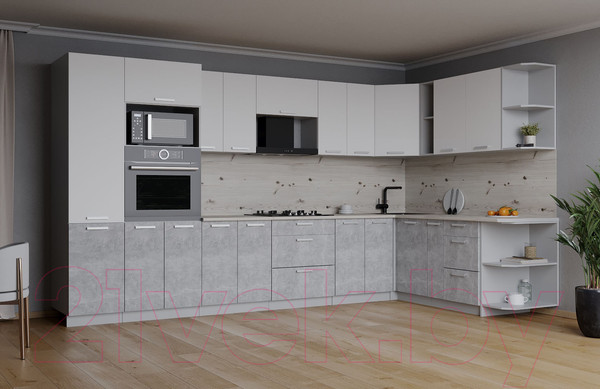 Изображение товара Кухонный гарнитур Интерлиния Мила Лайт 1.88x3.4 правая (белый платинум/бетон/бискайская сосна)