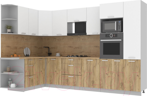 Изображение товара Кухонный гарнитур Интерлиния Мила Лайт 1.68x3.2 левая (белый платинум/дуб золотой/дуб бунратти)