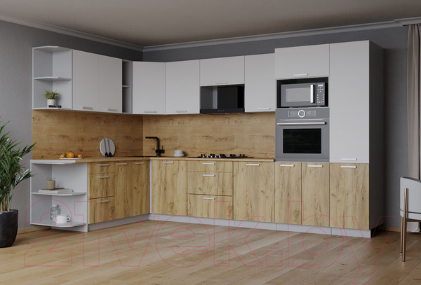 Изображение товара Кухонный гарнитур Интерлиния Мила Лайт 1.88x3.2 левая (белый платинум/дуб золотой/дуб бунратти)