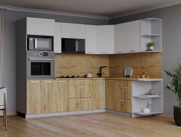 Изображение товара Кухонный гарнитур Интерлиния Мила Лайт 1.68x2.4 правая (белый платинум/дуб золотой/дуб бунратти)