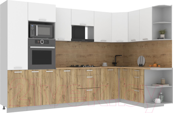 Изображение товара Кухонный гарнитур Интерлиния Мила Лайт 1.68x3.2 правая (белый платинум/дуб золотой/дуб бунратти)