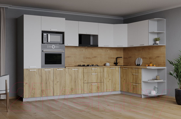 Изображение товара Кухонный гарнитур Интерлиния Мила Лайт 1.68x3.2 правая (белый платинум/дуб золотой/дуб бунратти)