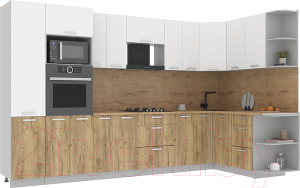 Изображение товара Кухонный гарнитур Интерлиния Мила Лайт 1.68x3.4 правая (белый платинум/дуб золотой/дуб бунратти)