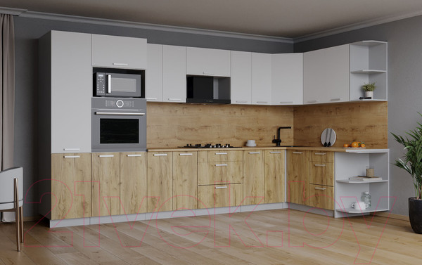 Изображение товара Кухонный гарнитур Интерлиния Мила Лайт 1.68x3.4 правая (белый платинум/дуб золотой/дуб бунратти)