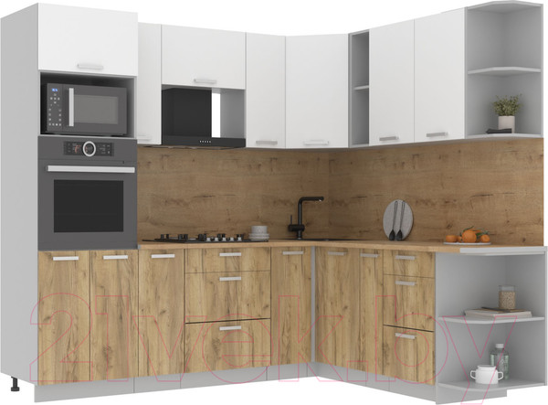 Изображение товара Кухонный гарнитур Интерлиния Мила Лайт 1.88x2.4 правая (белый платинум/дуб золотой/дуб бунратти)