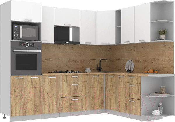 Изображение товара Кухонный гарнитур Интерлиния Мила Лайт 1.88x2.6 правая (белый платинум/дуб золотой/дуб бунратти)