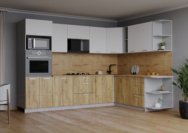 Изображение товара Кухонный гарнитур Интерлиния Мила Лайт 1.88x2.8 правая (белый платинум/дуб золотой/дуб бунратти)