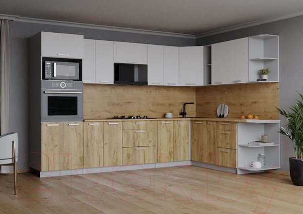 Изображение товара Кухонный гарнитур Интерлиния Мила Лайт 1.88x3.0 правая (белый платинум/дуб золотой/дуб бунратти)