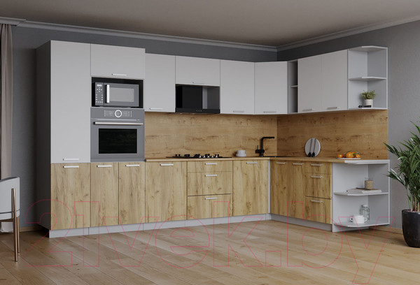 Изображение товара Кухонный гарнитур Интерлиния Мила Лайт 1.88x3.2 правая (белый платинум/дуб золотой/дуб бунратти)