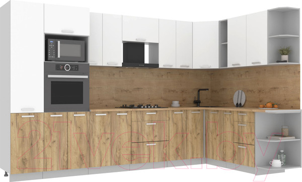 Изображение товара Кухонный гарнитур Интерлиния Мила Лайт 1.88x3.4 правая (белый платинум/дуб золотой/дуб бунратти)