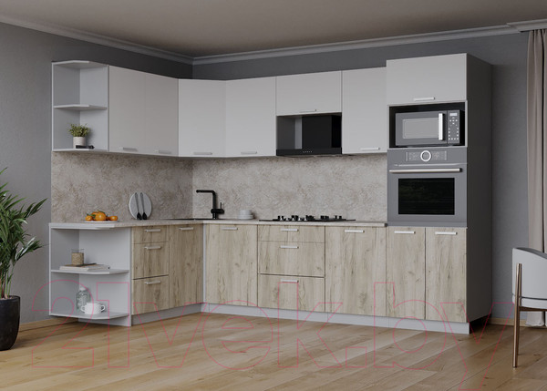 Изображение товара Кухонный гарнитур Интерлиния Мила Лайт 1.68x2.8 левая (белый платинум/дуб серый/опал светлый)