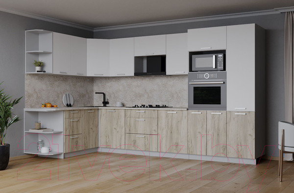 Изображение товара Кухонный гарнитур Интерлиния Мила Лайт 1.68x3.2 левая (белый платинум/дуб серый/опал светлый)