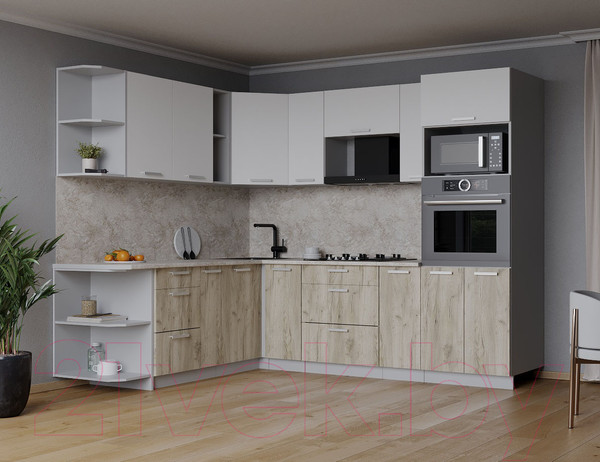 Изображение товара Кухонный гарнитур Интерлиния Мила Лайт 1.88x2.4 левая (белый платинум/дуб серый/опал светлый)