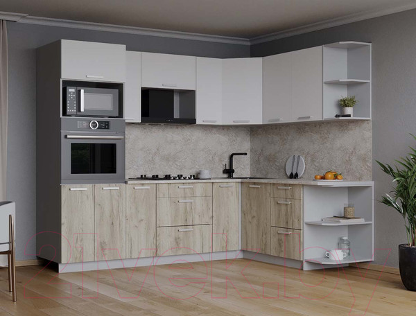 Изображение товара Кухонный гарнитур Интерлиния Мила Лайт 1.68x2.4 правая (белый платинум/дуб серый/опал светлый)