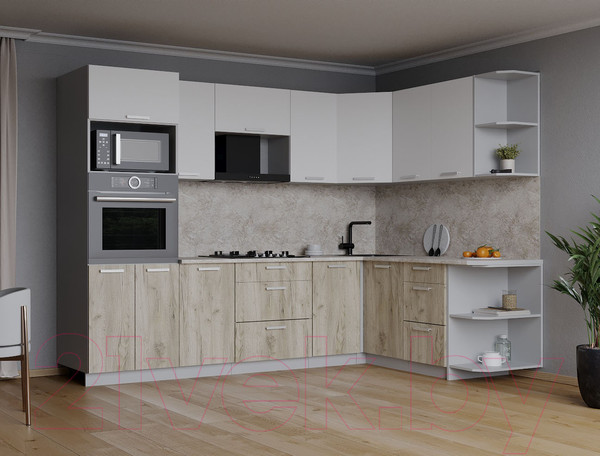 Изображение товара Кухонный гарнитур Интерлиния Мила Лайт 1.68x2.6 правая (белый платинум/дуб серый/опал светлый)