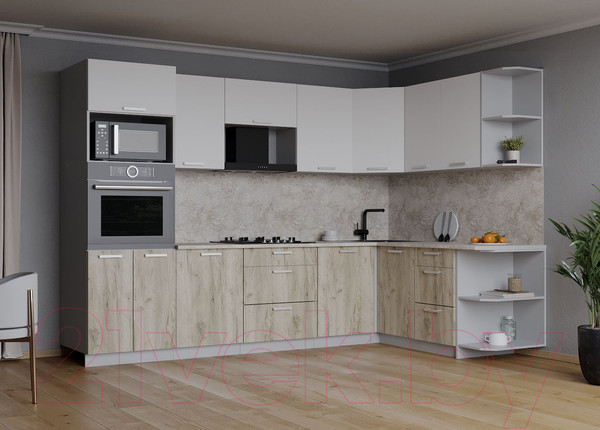 Изображение товара Кухонный гарнитур Интерлиния Мила Лайт 1.68x2.8 правая (белый платинум/дуб серый/опал светлый)