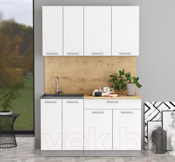 Изображение товара Кухонный гарнитур Интерлиния Мила Лайт 1.4-60 (белый платинум/белый платинум/дуб бунратти)