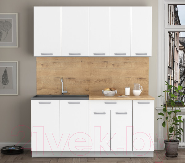 Изображение товара Кухонный гарнитур Интерлиния Мила Лайт 1.7 (белый платинум/белый платинум/дуб бунратти)