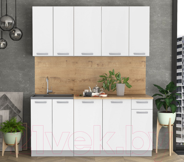 Изображение товара Кухонный гарнитур Интерлиния Мила Лайт 1.7-60 (белый платинум/белый платинум/дуб бунратти)