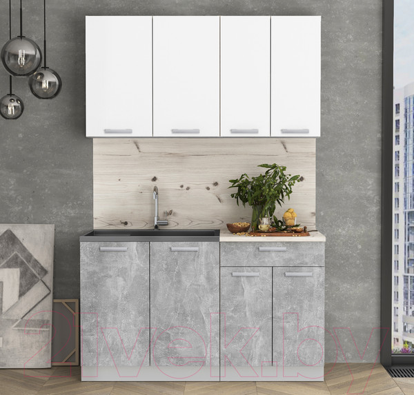 Изображение товара Кухонный гарнитур Интерлиния Мила Лайт 1.4 (белый платинум/бетон/бискайская сосна)