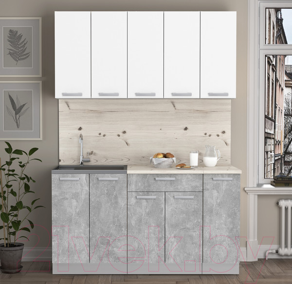 Изображение товара Кухонный гарнитур Интерлиния Мила Лайт 1.5 (белый платинум/бетон/бискайская сосна)