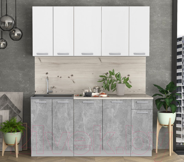 Изображение товара Кухонный гарнитур Интерлиния Мила Лайт 1.7-60 (белый платинум/бетон/бискайская сосна)