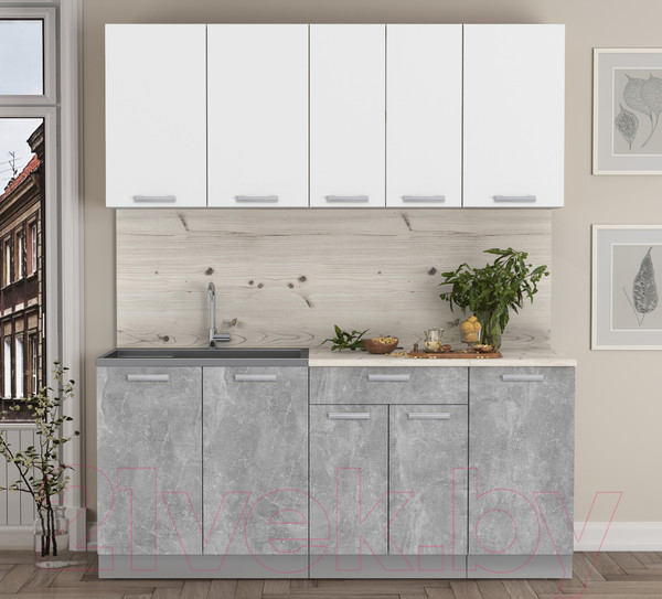 Изображение товара Кухонный гарнитур Интерлиния Мила Лайт 1.8 (белый платинум/бетон/бискайская сосна)