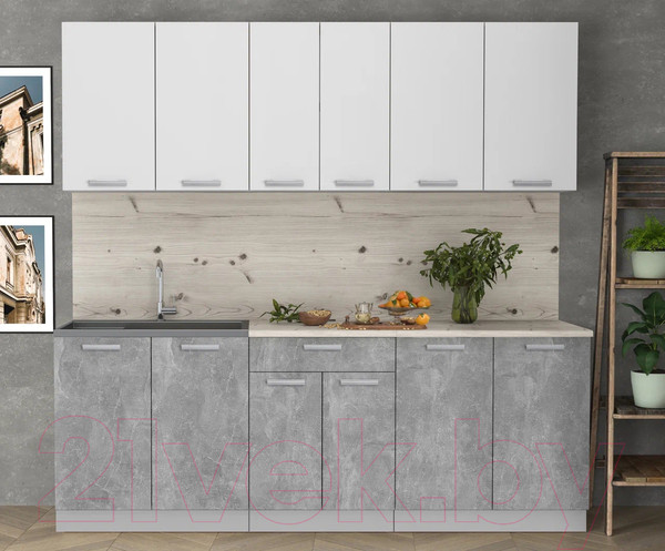 Изображение товара Кухонный гарнитур Интерлиния Мила Лайт 2.2 (белый платинум/бетон/бискайская сосна)
