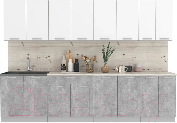 Изображение товара Кухонный гарнитур Интерлиния Мила Лайт 3.0 (белый платинум/бетон/бискайская сосна)