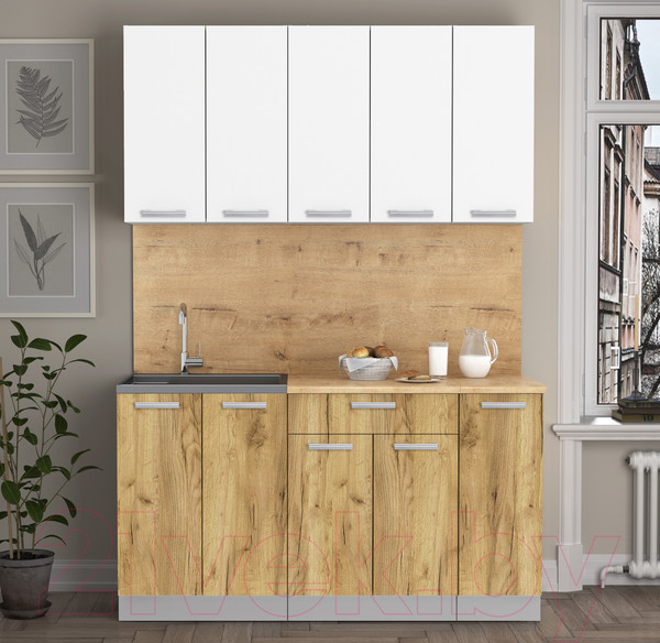 Изображение товара Кухонный гарнитур Интерлиния Мила Лайт 1.5 (белый платинум/дуб золотой/дуб бунратти)