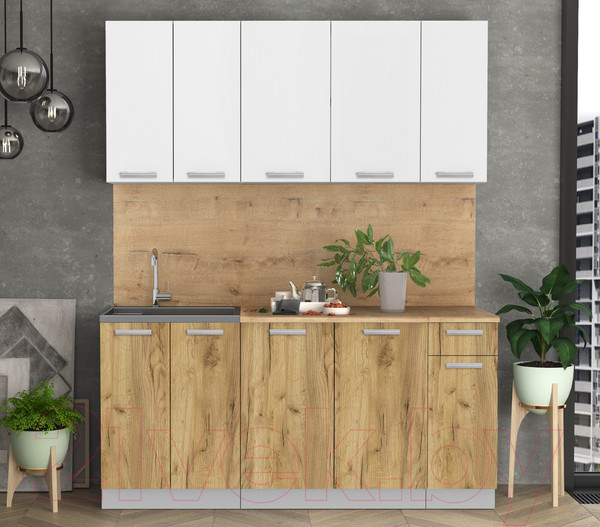 Изображение товара Кухонный гарнитур Интерлиния Мила Лайт 1.7-60 (белый платинум/дуб золотой/дуб бунратти)