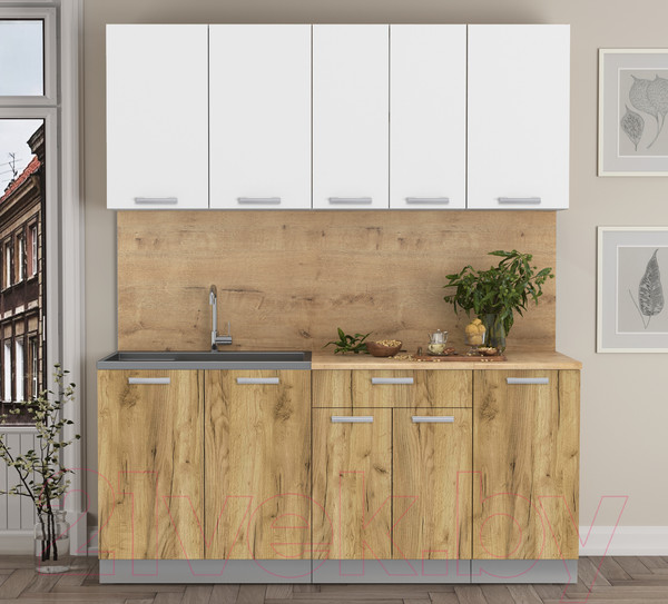 Изображение товара Кухонный гарнитур Интерлиния Мила Лайт 1.8 (белый платинум/дуб золотой/дуб бунратти)