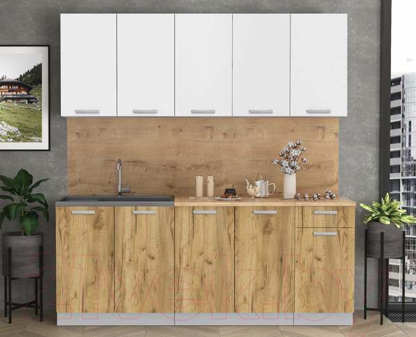 Изображение товара Кухонный гарнитур Интерлиния Мила Лайт 2.0 (белый платинум/дуб золотой/дуб бунратти)