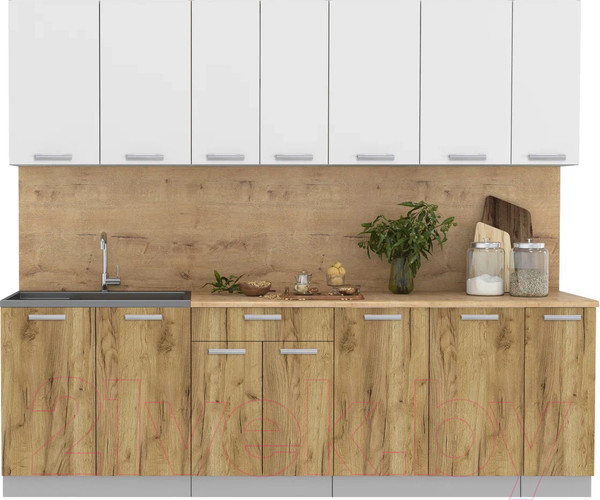 Изображение товара Кухонный гарнитур Интерлиния Мила Лайт 2.5 (белый платинум/дуб золотой/дуб бунратти)