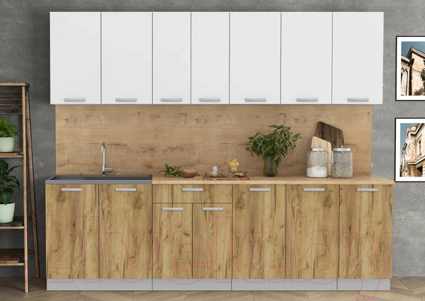 Изображение товара Кухонный гарнитур Интерлиния Мила Лайт 2.6 (белый платинум/дуб золотой/дуб бунратти)