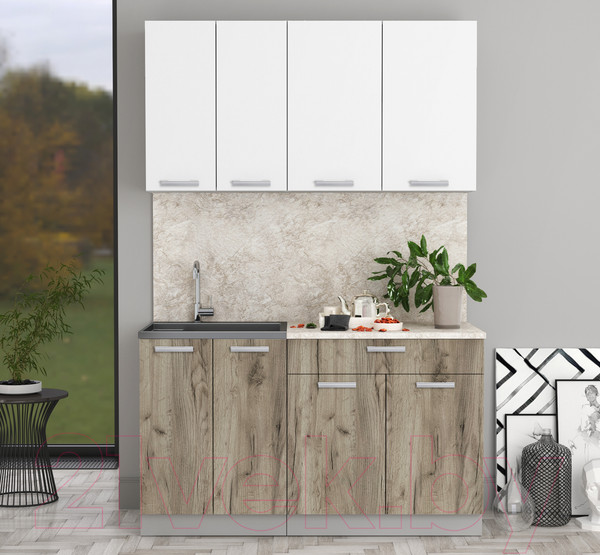 Изображение товара Кухонный гарнитур Интерлиния Мила Лайт 1.4-60 (белый платинум/дуб серый/опал светлый)