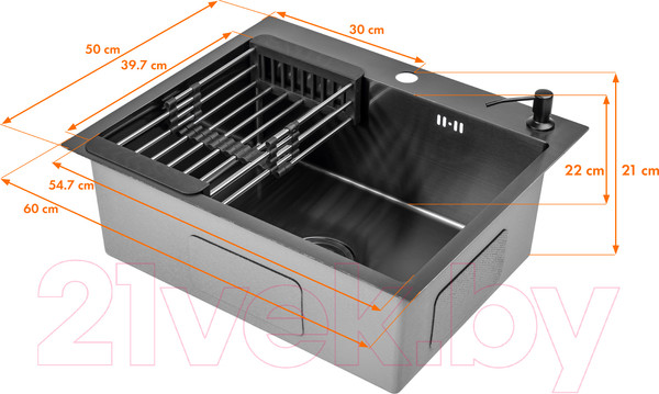 Изображение товара Мойка кухонная Saniteco 6050 Nano (с сифоном, дозатором и коландером)